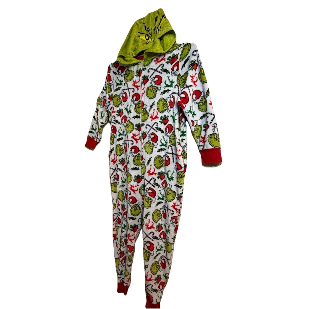 The Grinch Fuzzy One Piece Holiday Hooded Pajamas Suit Pockets Size 3x